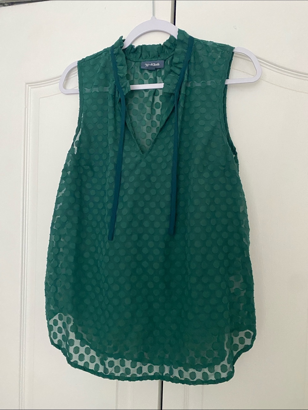 Modcloth Sleeveless Sheer Dot Blouse with V-Neck Tie